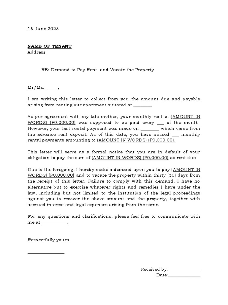 Demand for Rent Payment and Eviction | PDF