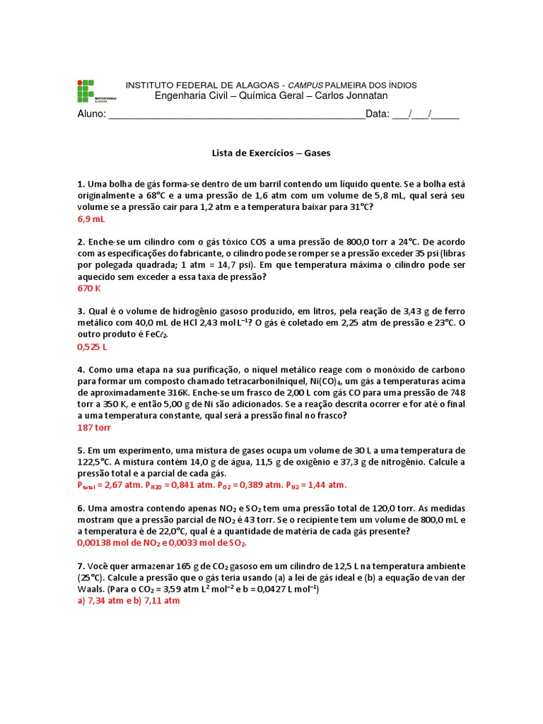 Lista de Exercícios sobre Gases Ideais | PDF | Gases | Pressão