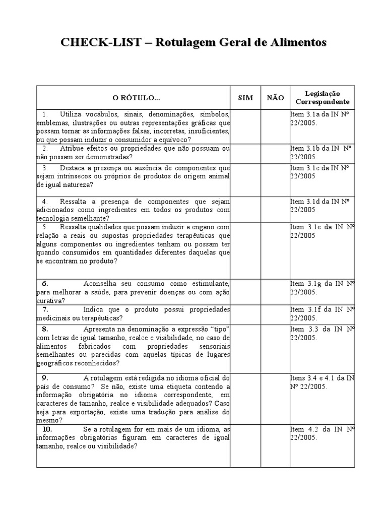 Check-list de Rotulagem de Alimentos | PDF | Alimentos | Nutrientes