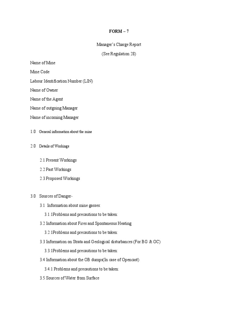 Manager's Charge Report for Mines | PDF | Mining | Occupational Safety ...