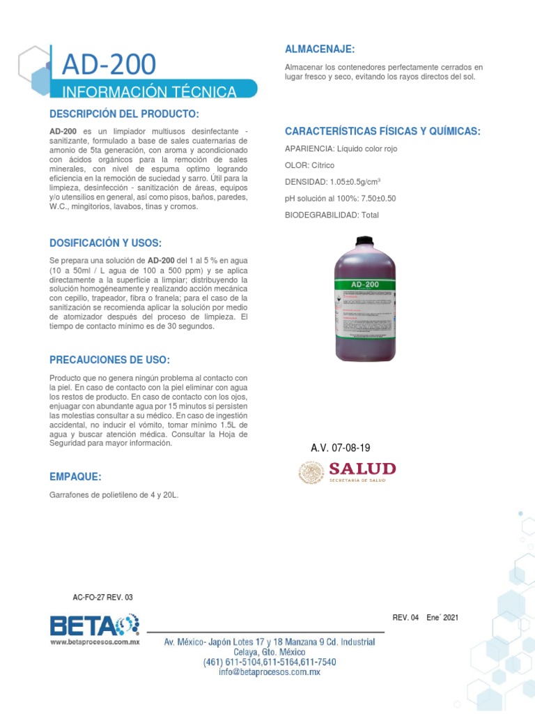 Ficha Técnica del Limpiador AD-200 | PDF