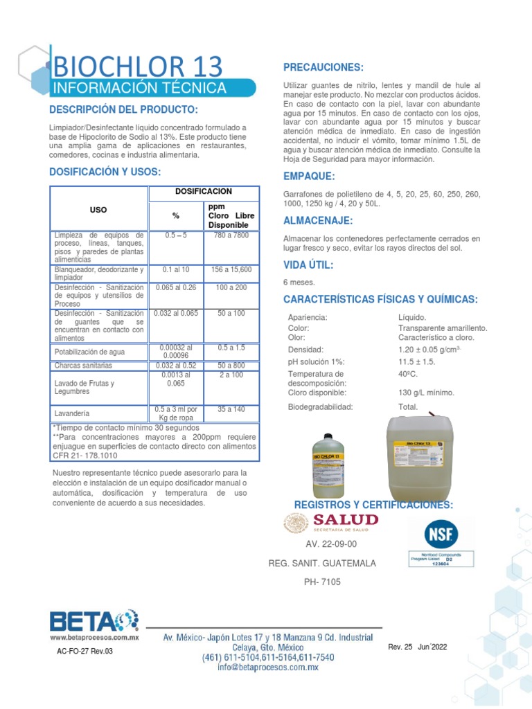 Biochlor 13: Desinfectante y Limpieza | PDF | Agua | Blanqueador