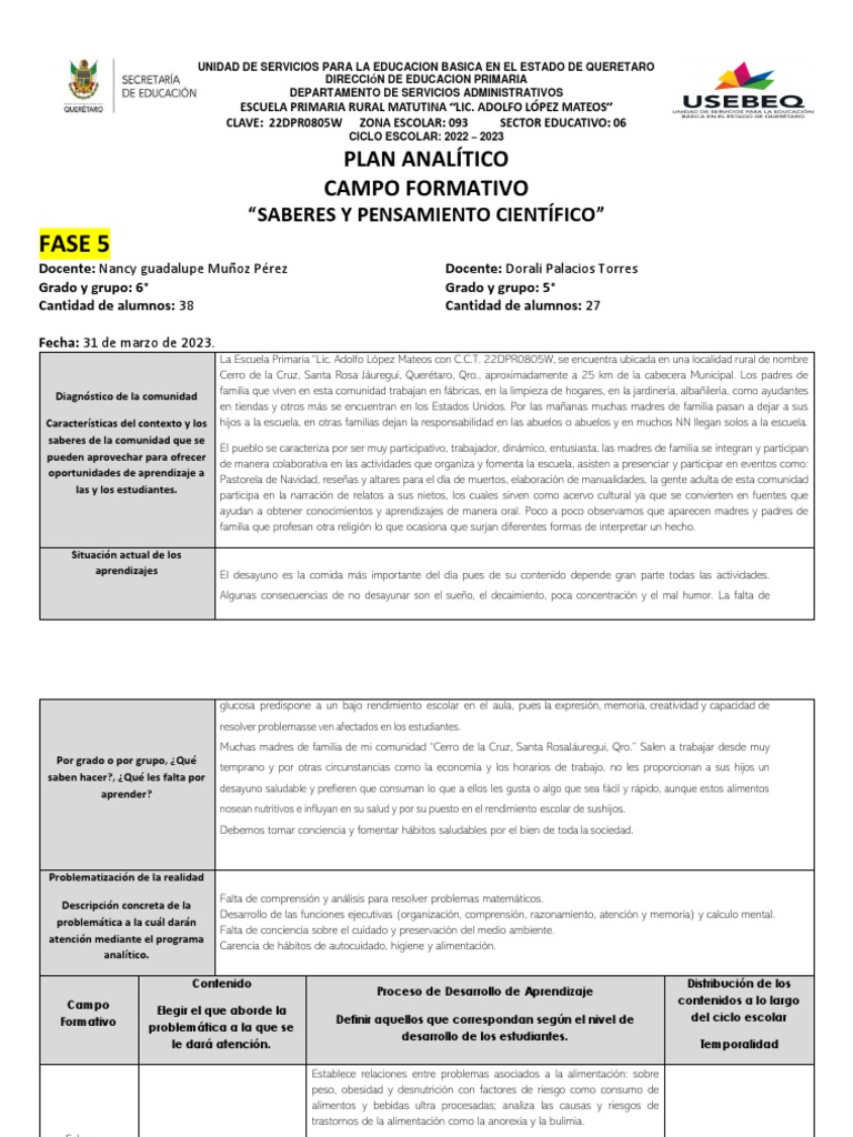 Plan Analitico Fase 5 SABERES Y PENSAMIENTO CIENTIFICO Nancy | PDF ...