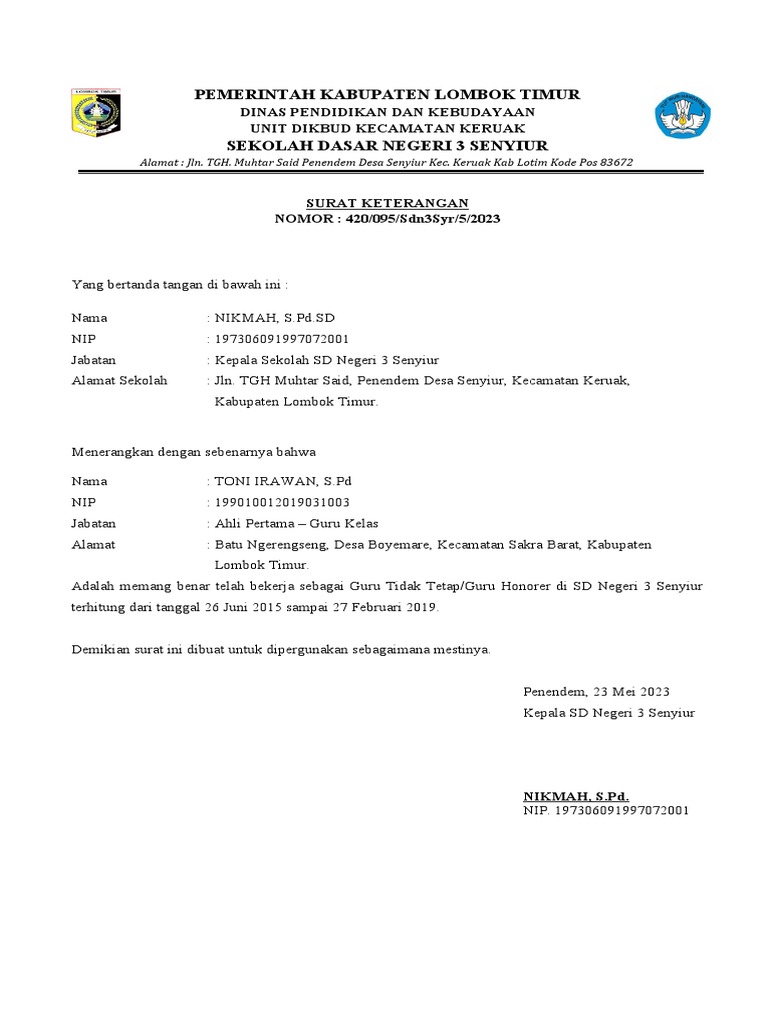 Surat Keterangan Guru Honorer Sd 3 Senyiur Pdf 