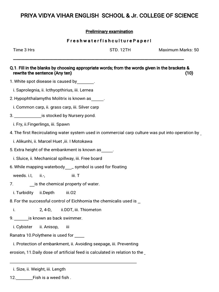 Fresh Water Fish Culture Paper 1 C1 12th 202223 Prelims PDF