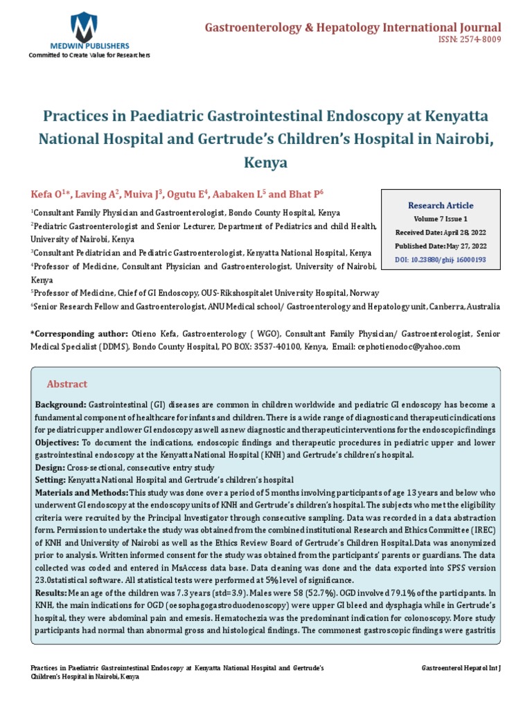 Practices in Paediatric Gastrointestinal Endoscopy at Kenyatta National