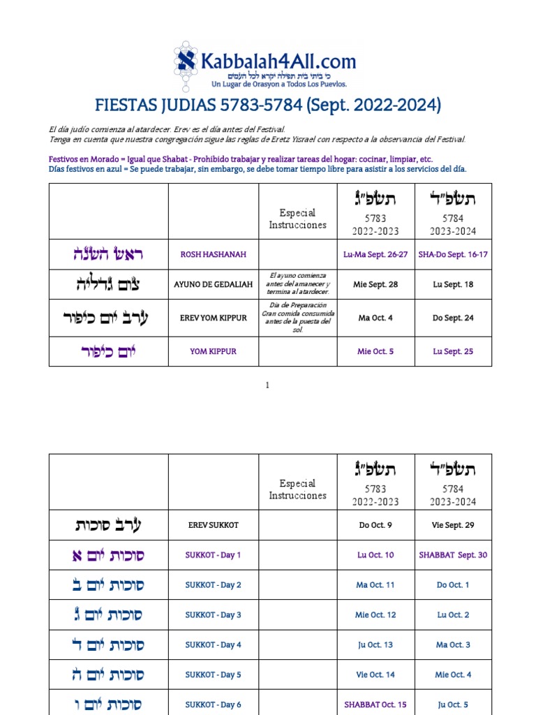 Fiestas Judias 5783 5784 PDF Sucot Días festivos