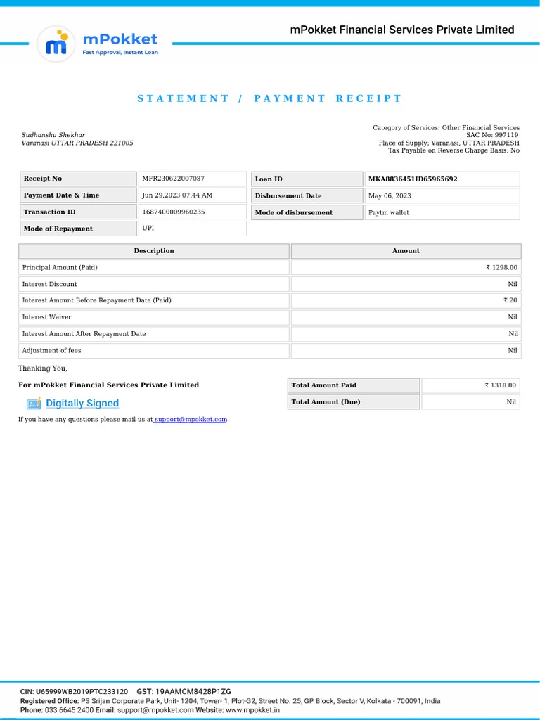 mPokket Payment Receipt Summary | PDF | Receipt | Interest