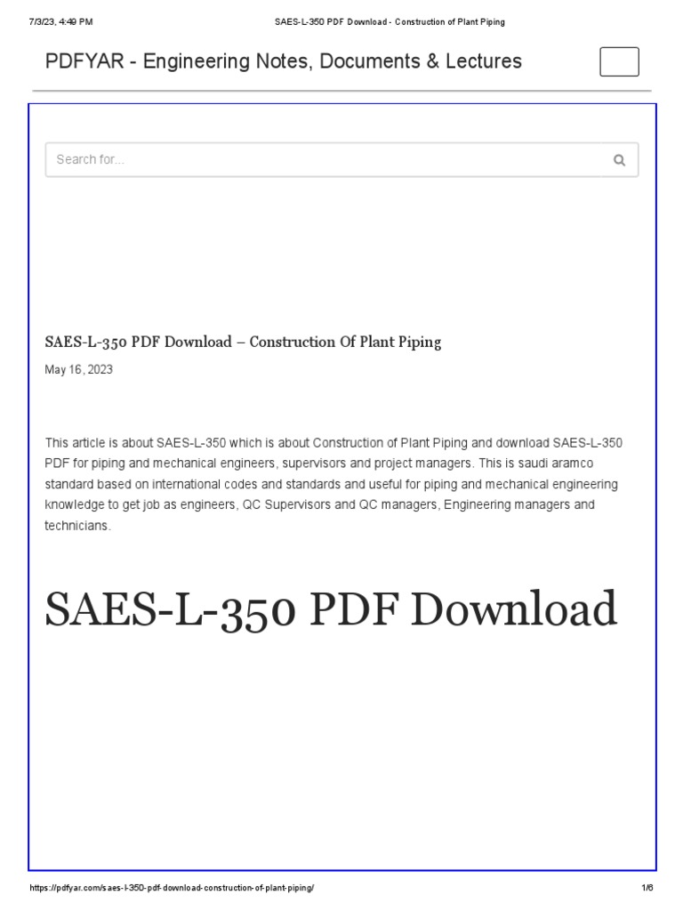 SAES-L-350: Plant Piping Standards PDF | PDF | Pipe (Fluid Conveyance ...
