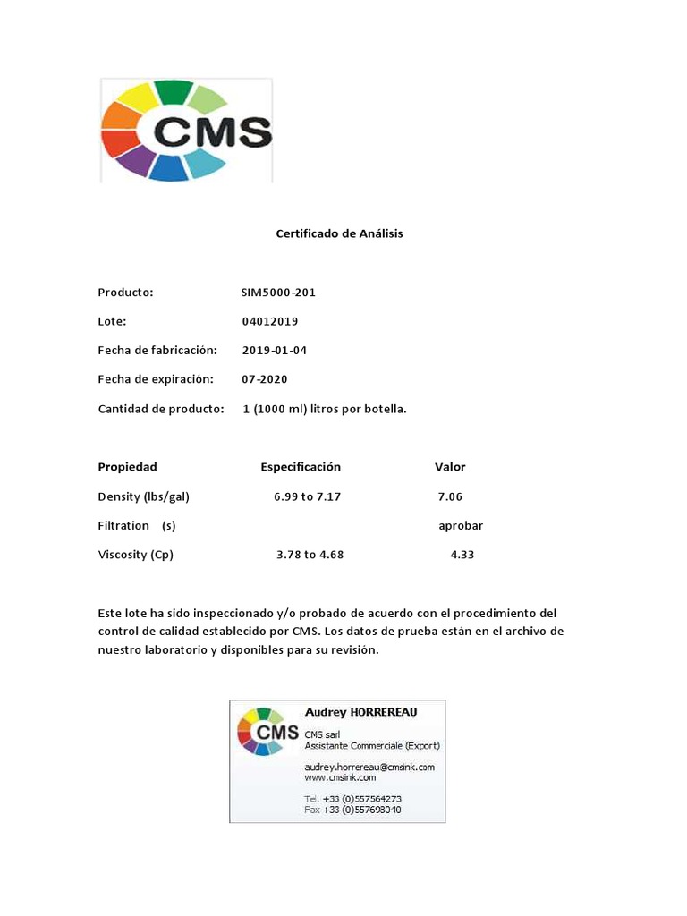 Certificado de Análisis SIM5000-201 | PDF