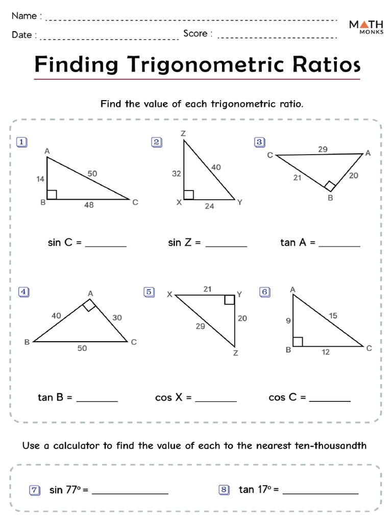Finding Trigonometric Ratios Worksheet With Answers PDF