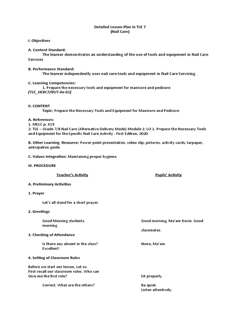 Detailed Lesson Plan in TLE 7 Nail Care PDF Nail (Anatomy)