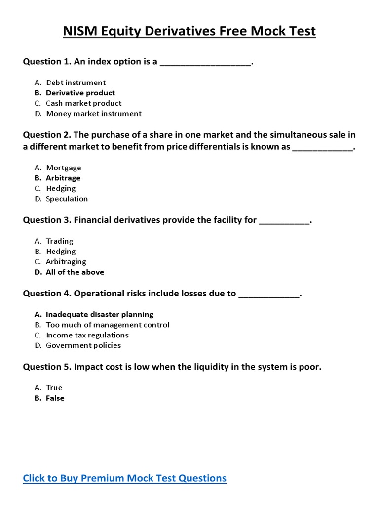 NISM Equity Derivatives Certification Free Mock Test PDF Option