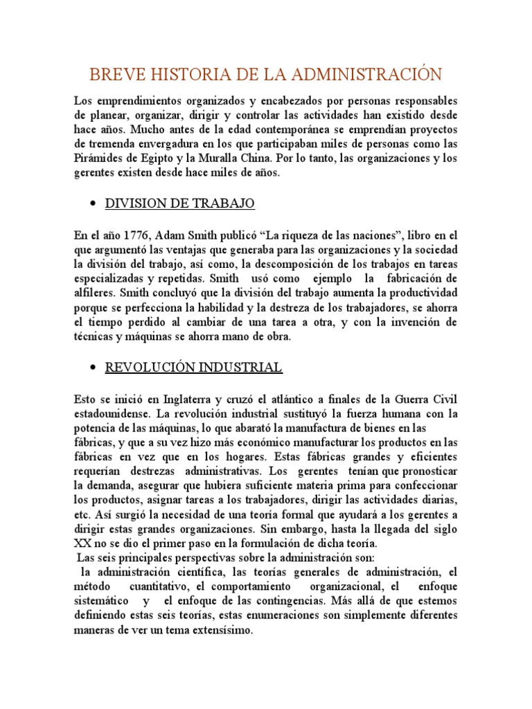 Breve Historia de La Administración Cap2 | PDF | Division de trabajo ...