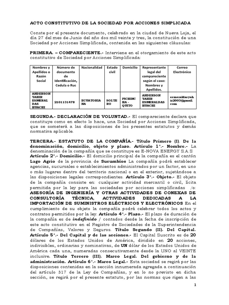 Acto Constitutivo Sas | PDF