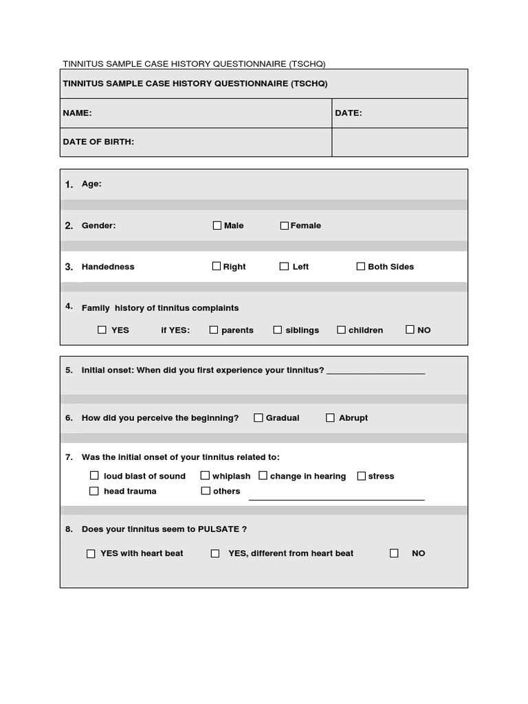 Tinnitus Sample Case History Questionnaire PDF Tinnitus Noise
