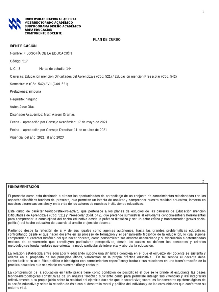 Filosofía de la Educación: Plan de Curso | PDF | Plan de estudios ...