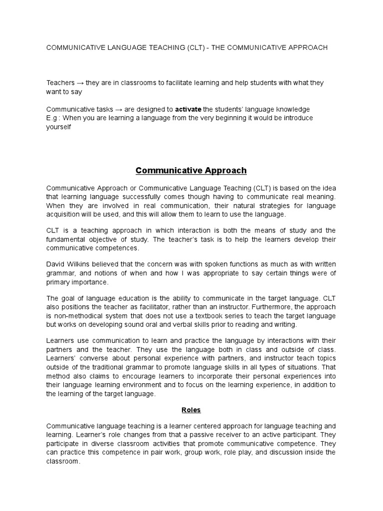 COMMUNICATIVE LANGUAGE TEACHING (CLT) - THE COMMUNICATIVE APPROACH ...