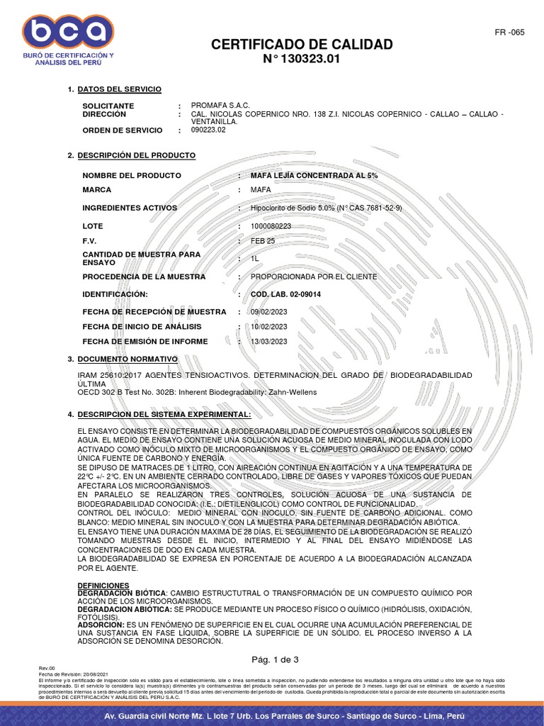 Certificado de Biodegradabilidad MAFA 5% | PDF | Materiales ...