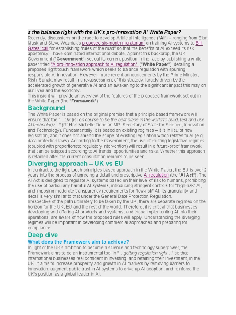The UK's White Paper On AI Regulation A Pro-Innovation Approach | PDF