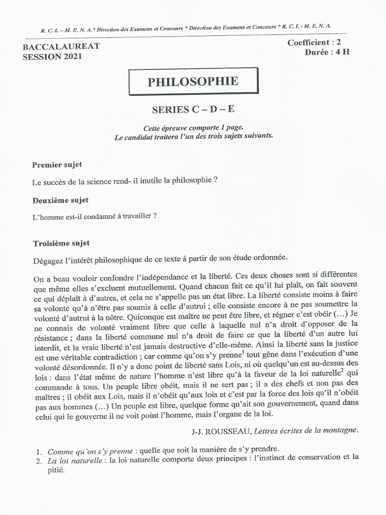Epreuve Bac 2021 Philosophie Series C D E Cote D Ivoire Pdf