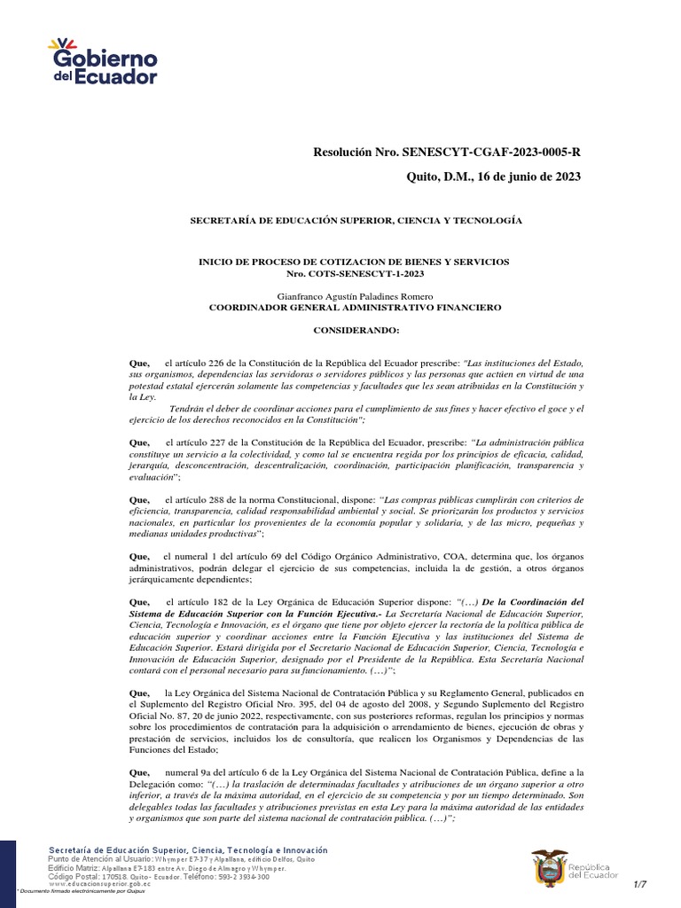 Resolución Nro. SENESCYT-CGAF-2023-0005-R Quito, D.M., 16 de Junio de ...
