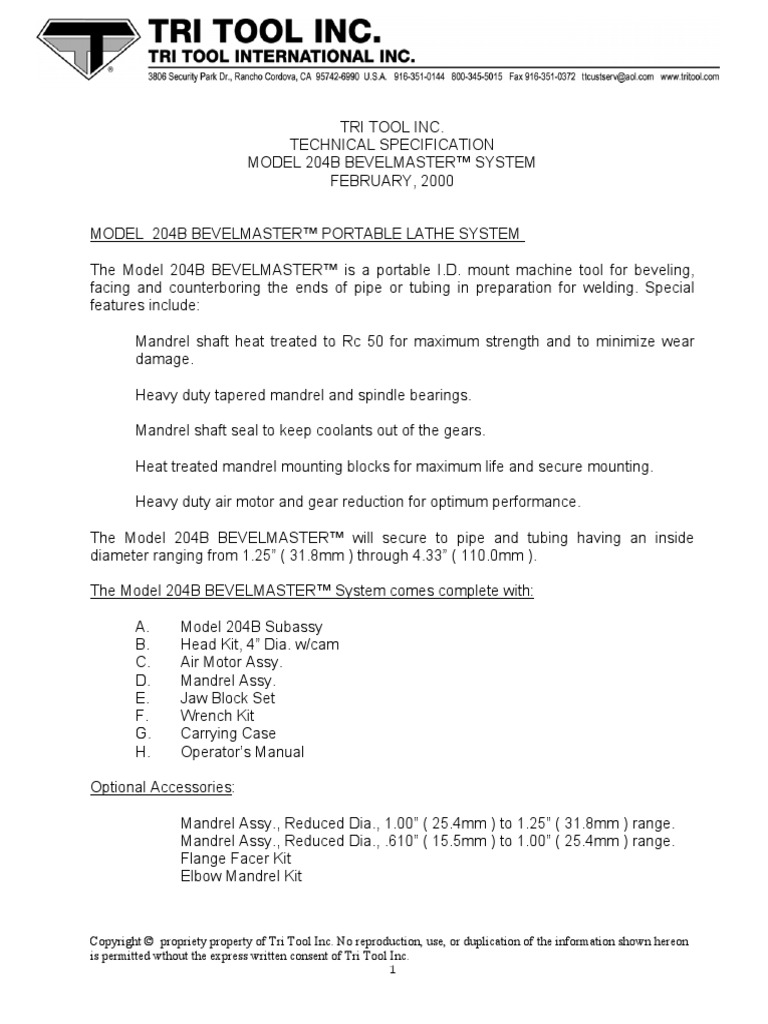 Tritool 204b Tech Spec PDF Pipe (Fluid Conveyance) Horsepower