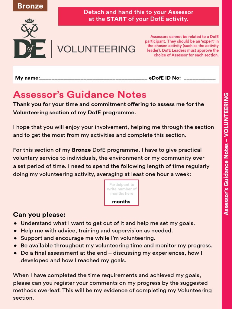 Bronze Assessor's Card DofE PDF Volunteering Learning