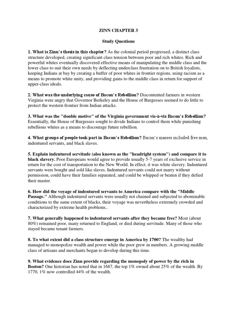 Emergence of Class Tensions and the Manipulation of Race in Colonial  America: A Summary and Analysis of Zinn Chapter 3 Study Questions | PDF |  Slavery In The United States | Slavery