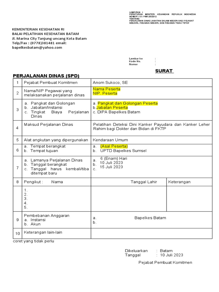 Format SPPD Peserta kertas F4 (Sumsel_ 2 Rangkap)(1)(1) | PDF