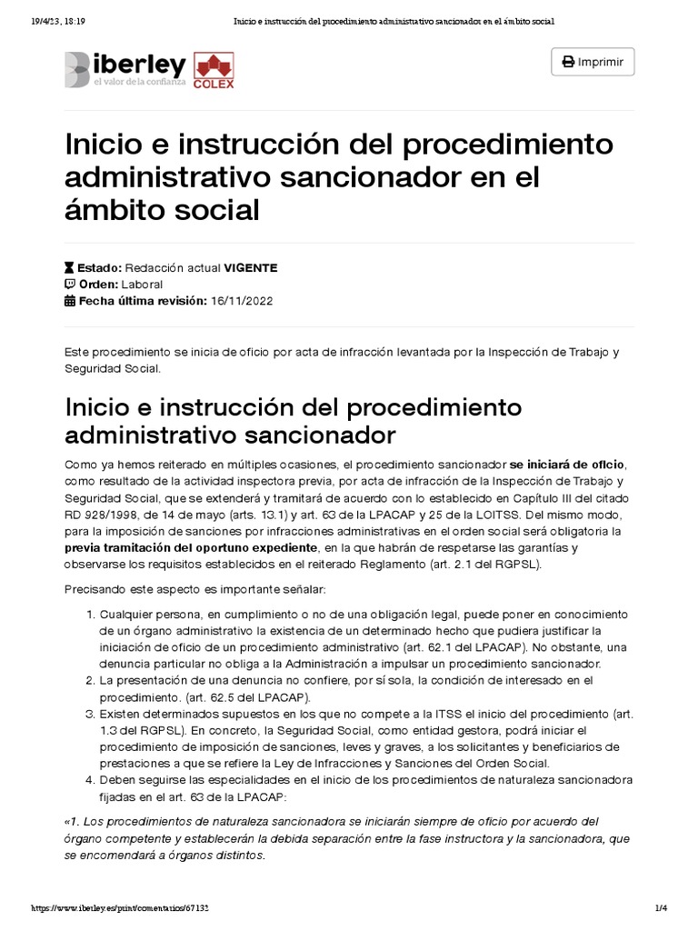 Inicio e Instrucción Del Procedimiento Administrativo Sancionador en El ...