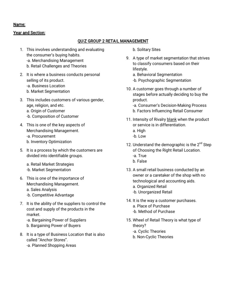 Quiz Retail Reviewer Grp 12345 Pdf Retail Market Segmentation