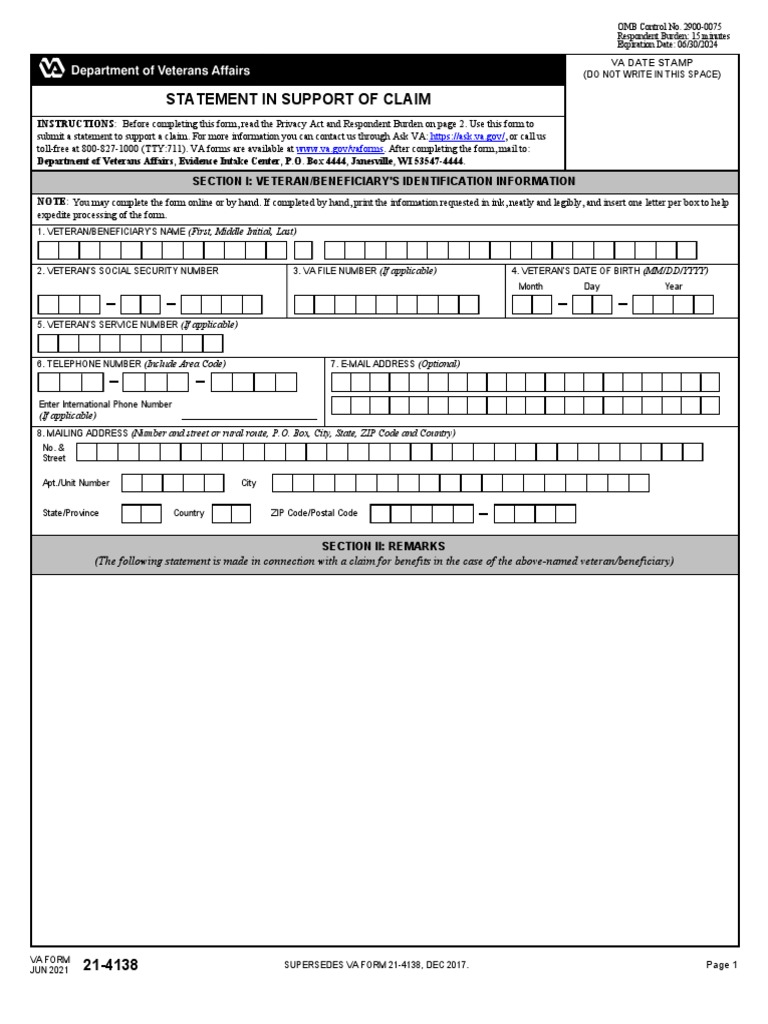 Form VBA 21-4138 ARE | PDF | Social Security Number | United States ...