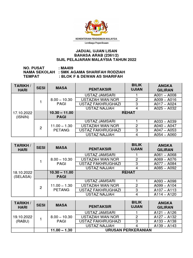 JADUAL UJIAN LISAN 2022 PDF