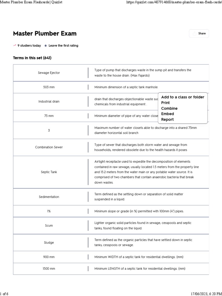 Master Plumber Exam Flash Cards PDF Plumbing Septic Tank