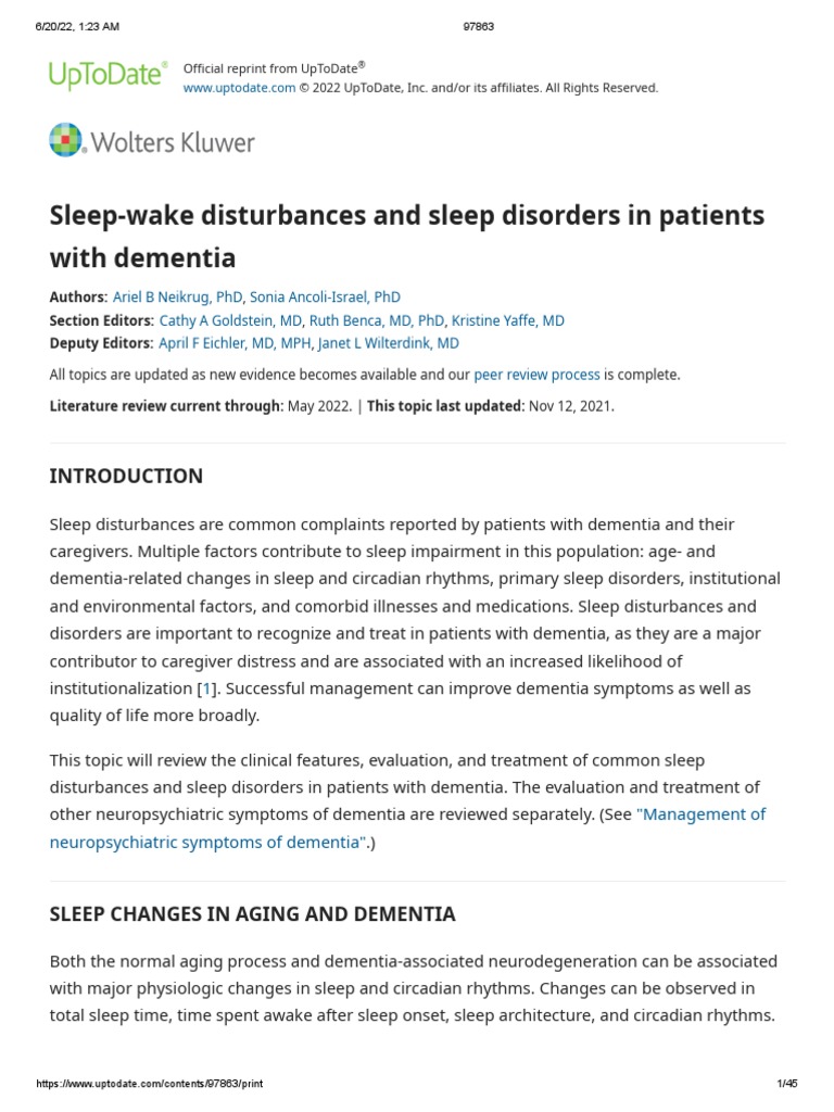 Sleep-Wake Disturbances and Sleep Disorders in Patients With Dementia ...