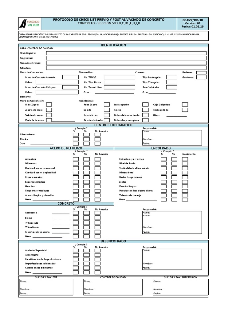 CC-CVP-OD.10 Check List Previo y Post Al Vaciado de Concreto VS01 | PDF ...