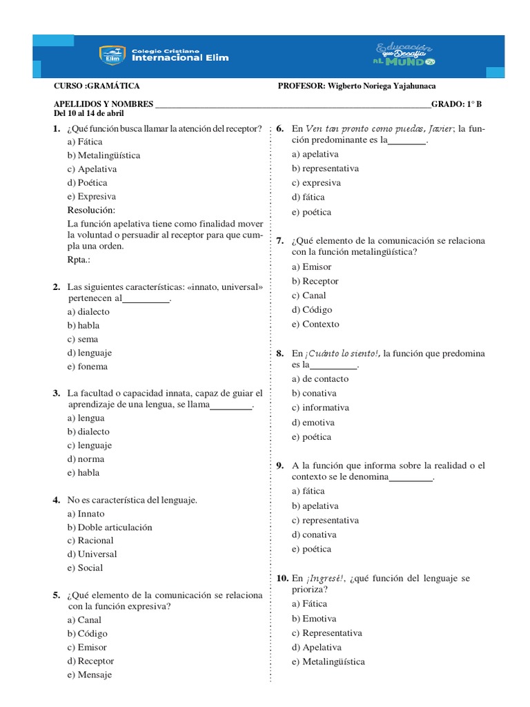Funciones del lenguaje en ejercicios prácticos | PDF | Comunicación ...