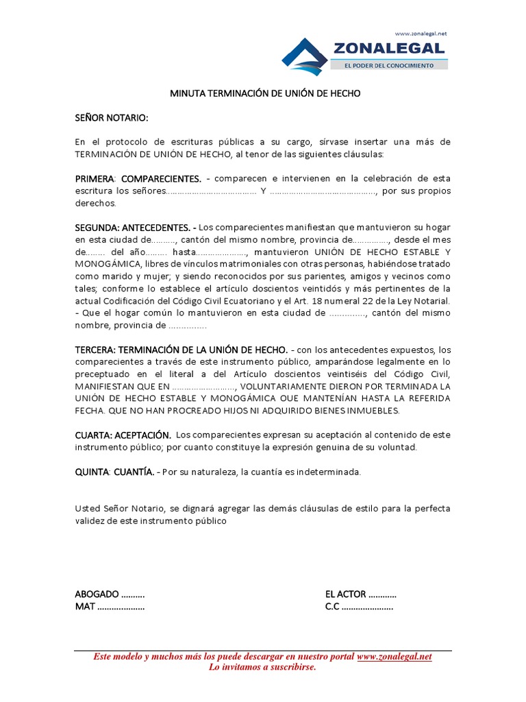 Minuta de Terminación de Unión de Hecho | PDF