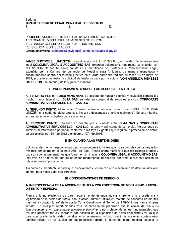 Contestación de Tutela por Improcedencia | PDF | Derecho Constitucional ...