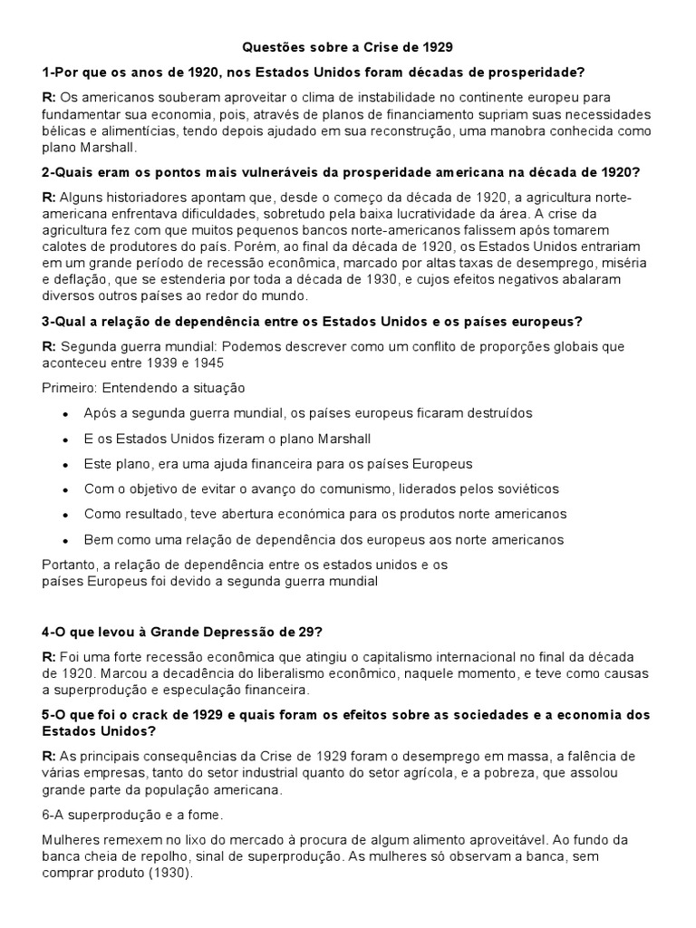 Questões Sobre A Crise de 1929 | PDF | A Grande Depressão | Novo acordo