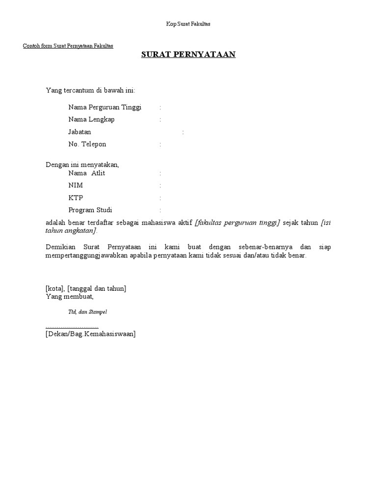 Contoh Surat Pernyataan Fakultas | PDF