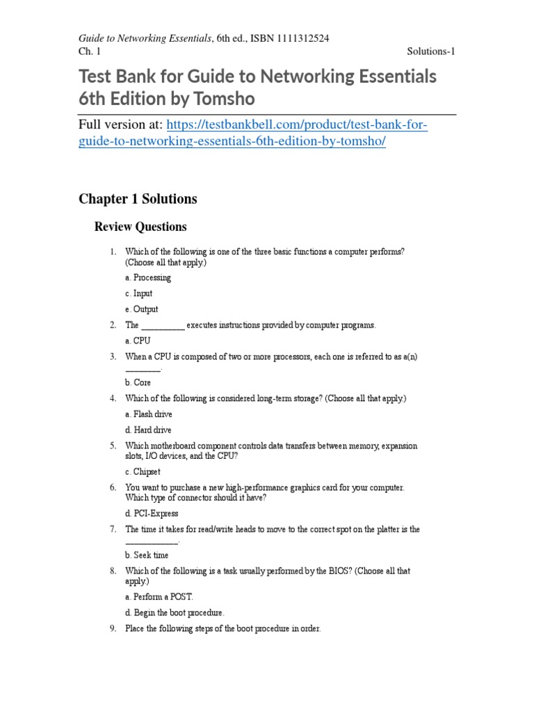 Test Bank For Guide To Networking Essentials 6th Edition by Tomsho
