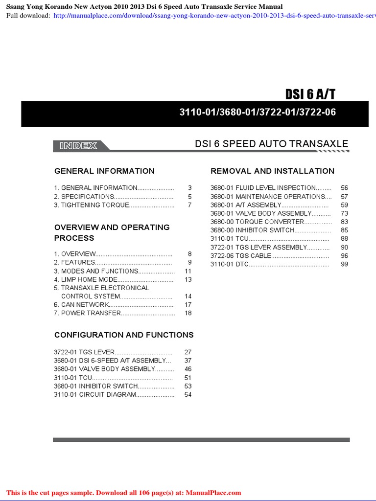 Ssang Yong Korando New Actyon 2010 2013 Dsi 6 Speed Auto Transaxle