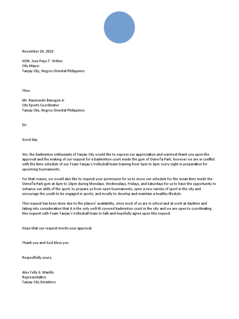 Request Letter For Badminton PDF