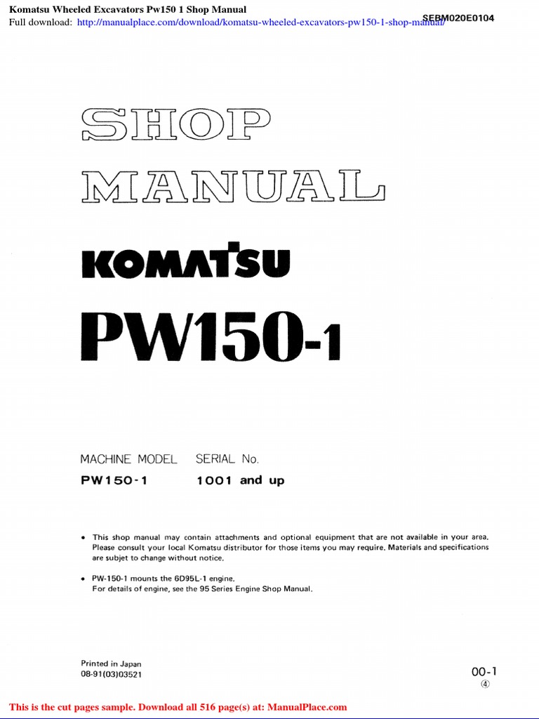 Komatsu PW150-1 Excavator Shop Manual | PDF