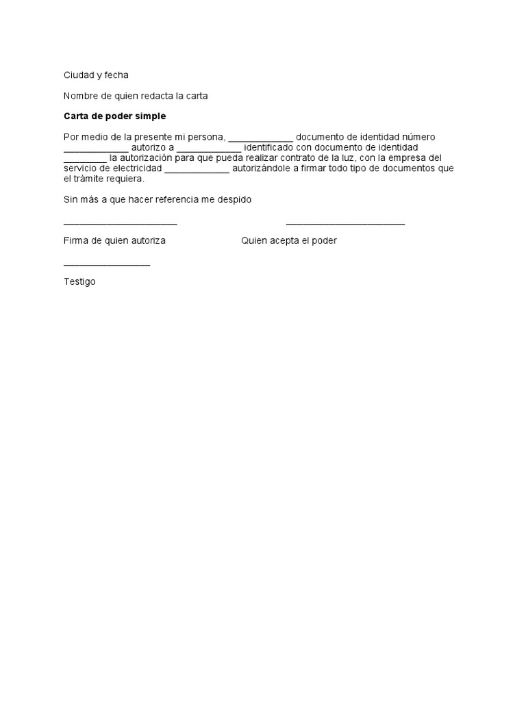 Modelo de Carta de Poder Simple para Contrato de Luz Listo para