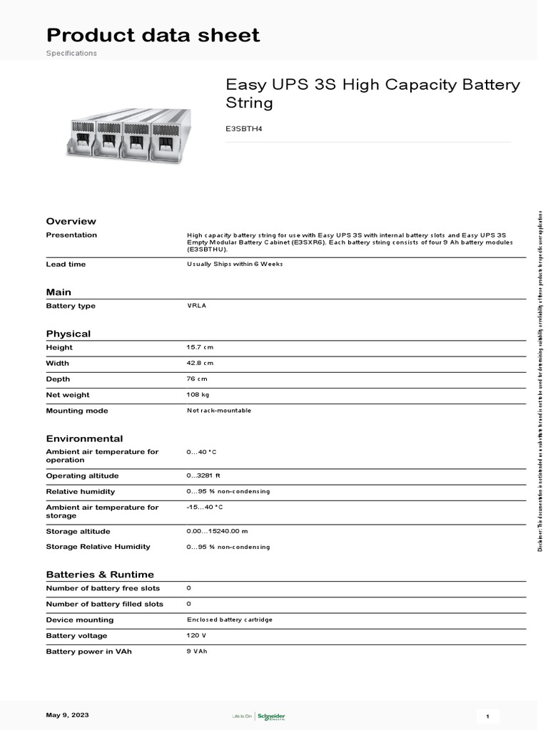 Easy UPS 3 Series Accessories E3SBTH4 PDF Manufactured Goods
