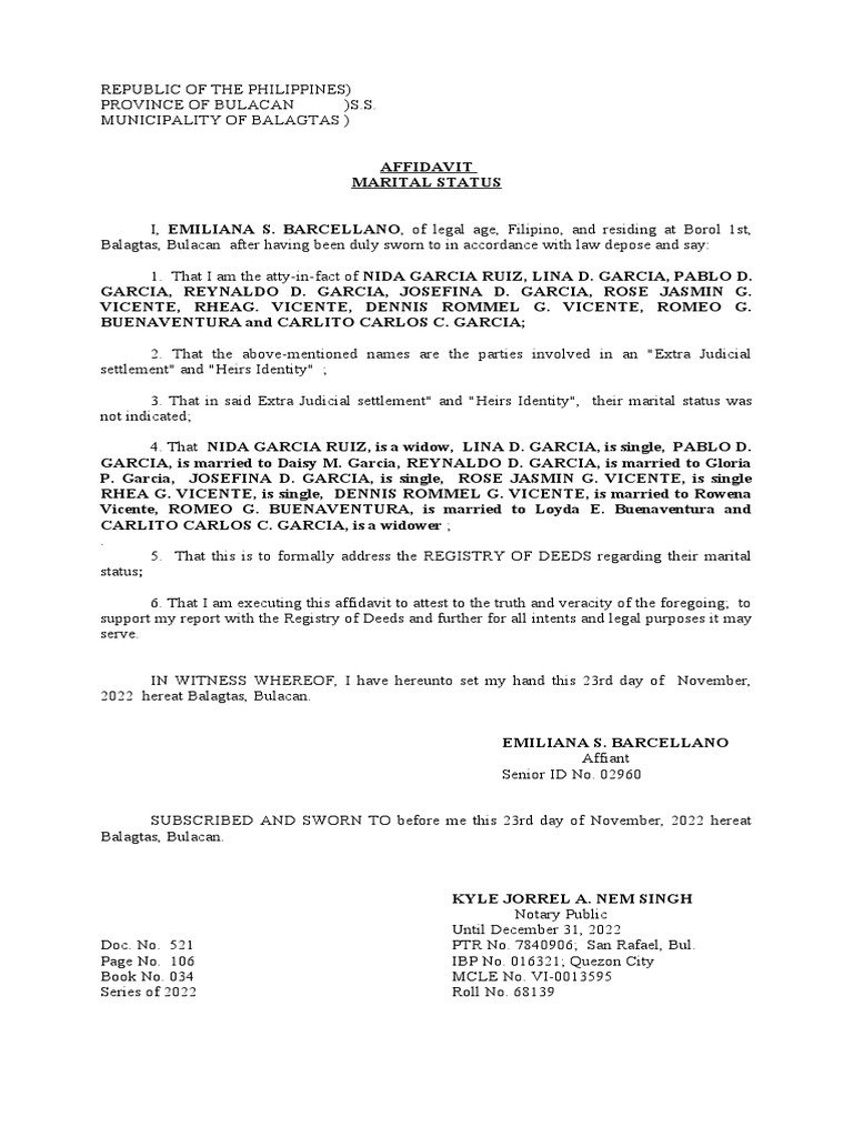 Marital Status PDF Affidavit Document