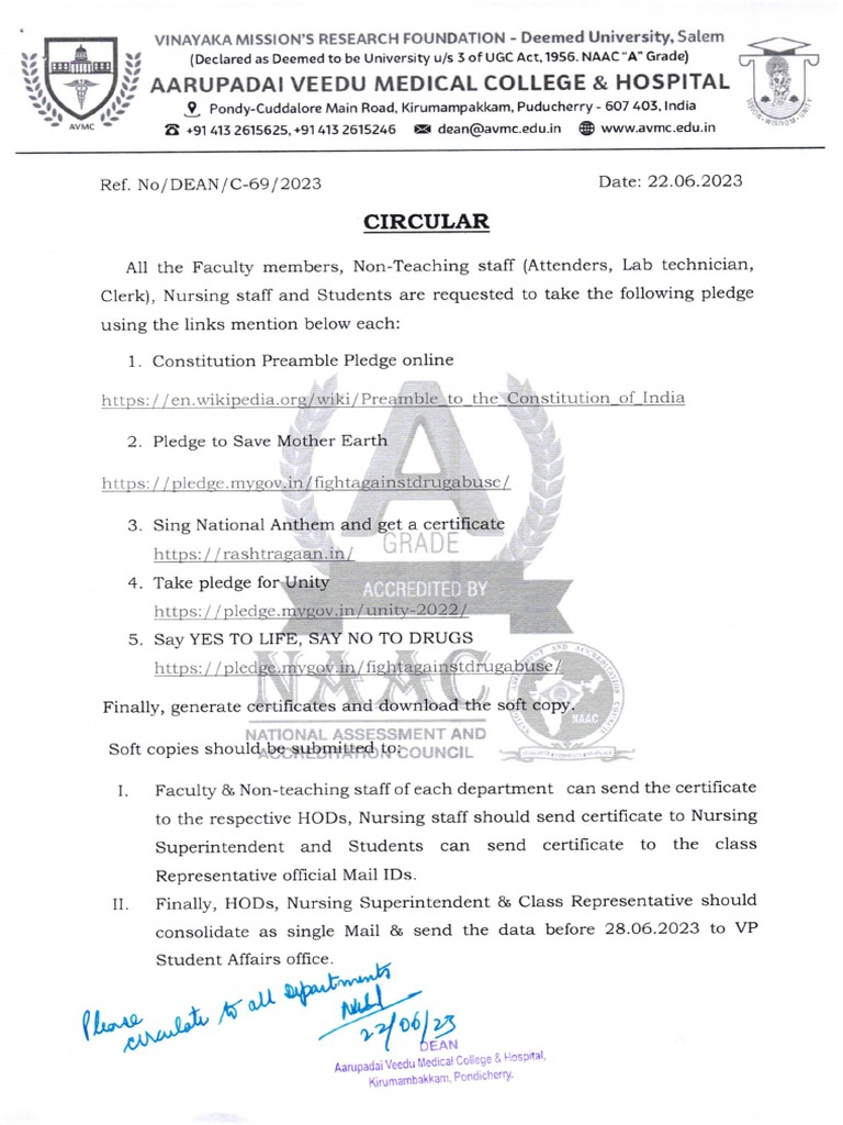 AVMC Pledge Circular for Staff & Students | PDF | Medical And Health ...